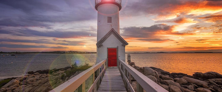 Glasbild Panorama | Wandbild aus Echtglas | Leuchtturm bei Sonnenuntergang | 100x40 cm | inkl. Aufhä