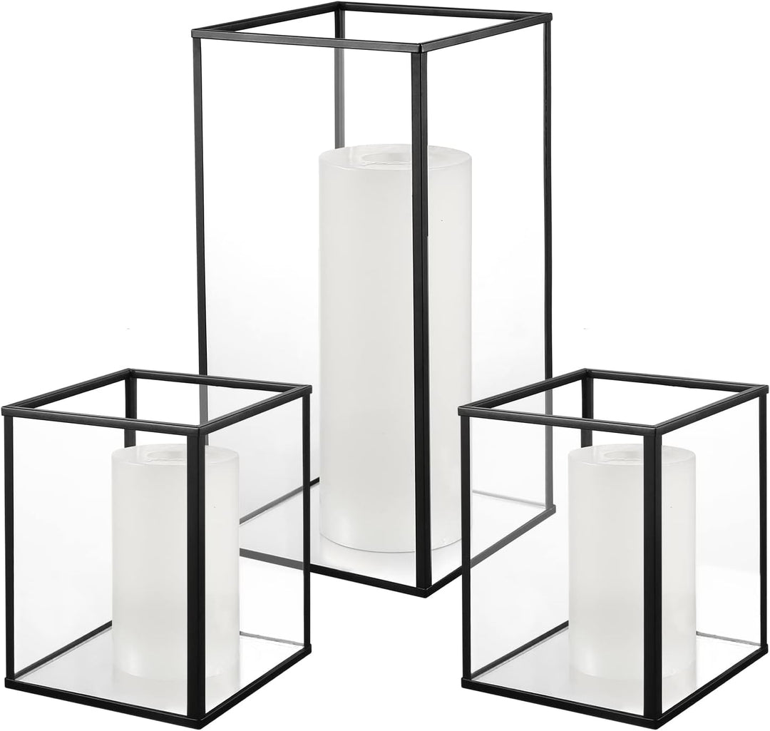 Phosphor Kleiner Hurricane Kerzenhalter Set mit 3 Stück, schwarzes Glas Kerzenhalter für Hochzeit, P