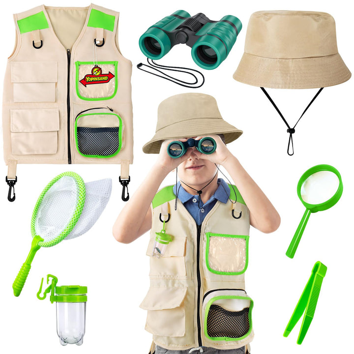 Forscherset für Kinder, Exploration Spielzeug mit Weste, Hut und Kindern Fernglas, Kindern Campingau