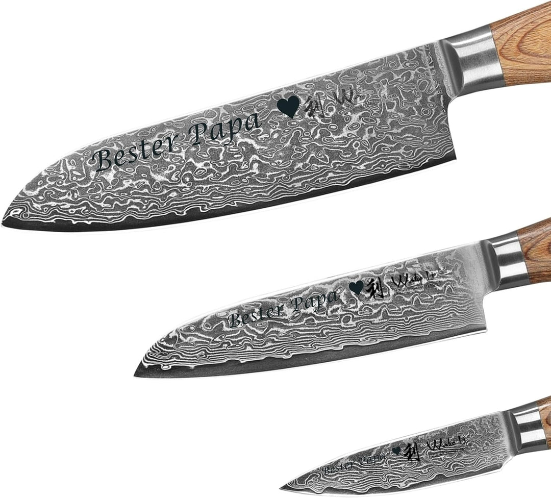 Wakoli EDIB Pro Damastmesser Set mit Gravur – Personalisiertes 3er Messerset, 16cm, 11cm & 8cm Kling