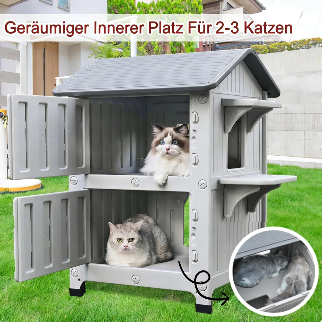Katzenhaus Outdoor, 2 Geschichte Outdoor-Häuser für Katzen Kunststoff ausserhalb Katze Unterschlupf