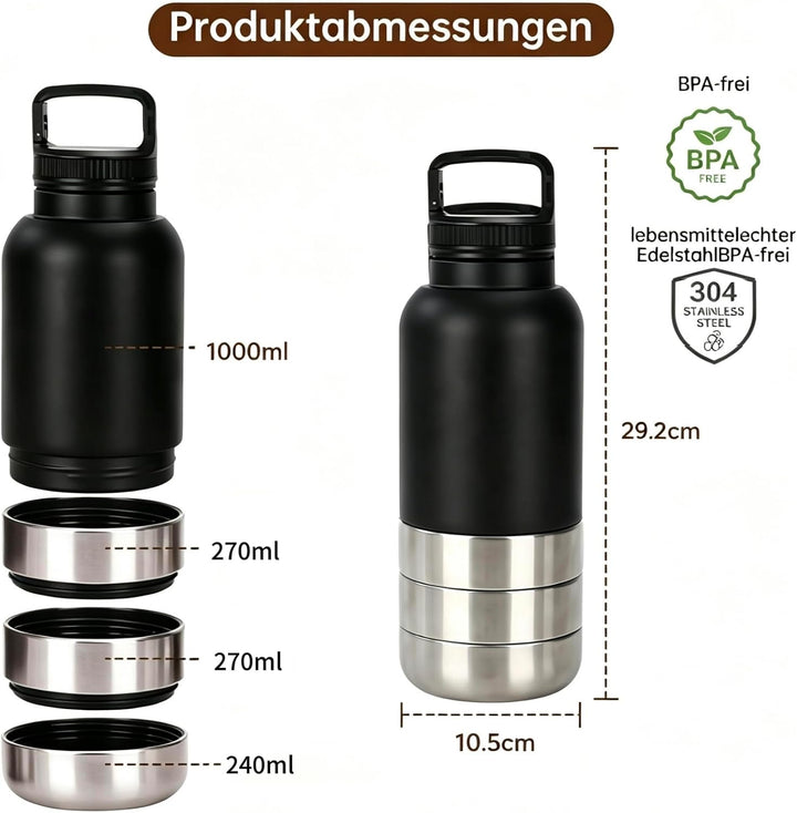 4-in-1 Trinkflasche Hunde für Unterwegs, Isolierte Edelstahl Hundetrinkflasche mit 3 Näpfen, Auslauf