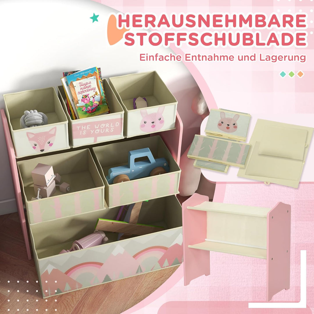 ZONEKIZ Kinderregal, Spielzeugregal mit 6 herausnehmbaren Aufbewahrungsboxen aus Vliesstoff, Bücherr