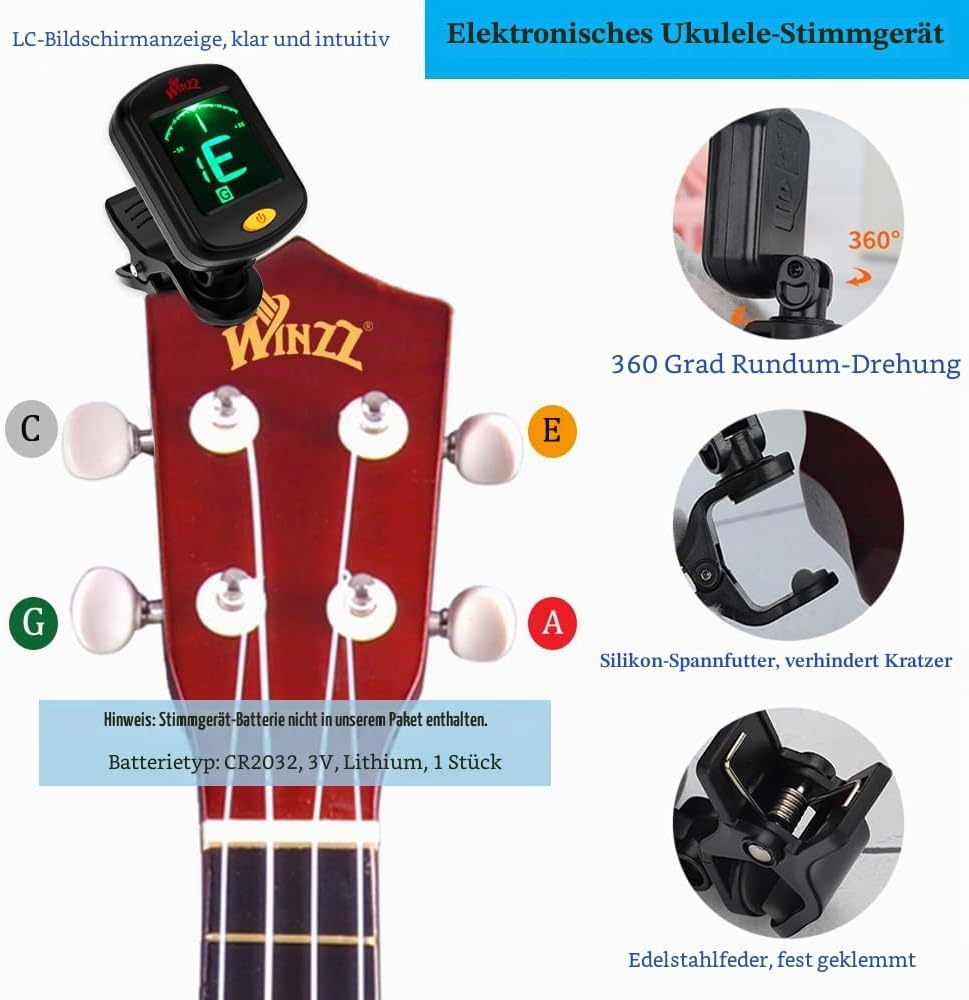 Winzz Sopran Ukulele Starter Kit für Anfänger mit Tasche, Clip-On Tuner, Zusätzlichen Saiten, Gurt,