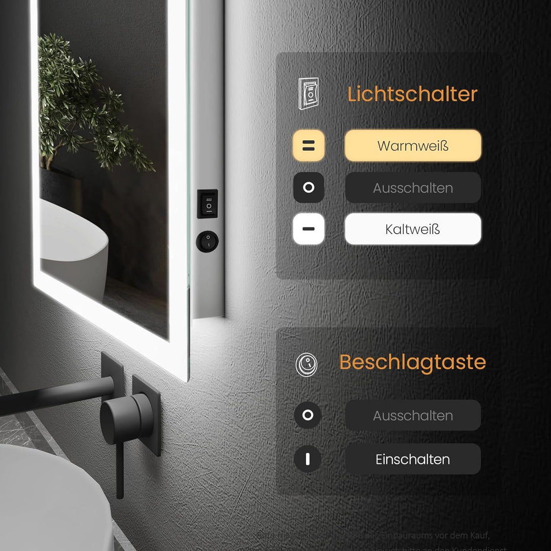 EMKE LED Badspiegel mit Beleuchtung 50x60cm Badezimmerspiegel mit Warmweisses Licht und Kaltesweisse
