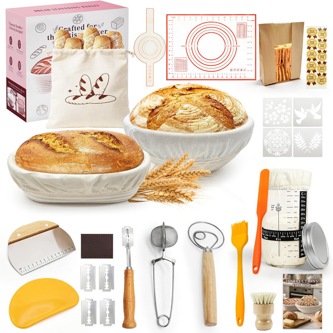 Sauerteig Starter Set mit Gärkörbchen, Brot Backen Zubehör Komplettset, Sauerteig Zubehör für perfek