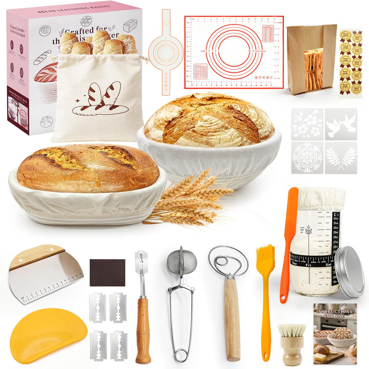 Sauerteig Starter Set mit Gärkörbchen, Brot Backen Zubehör Komplettset, Sauerteig Zubehör für perfek