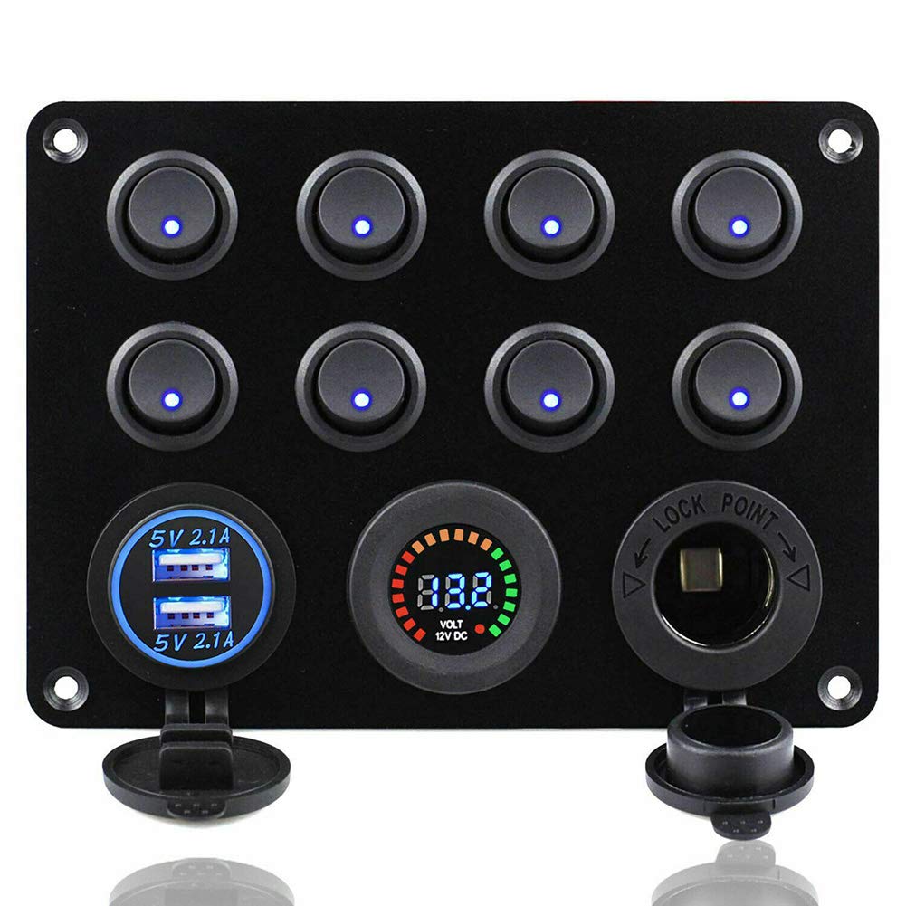 KAOLALI 12V/24V Schalter Panel, Dual-USB-Ladegerät LED Voltmeter Zigarettenanzünder 8 Kippschalter E