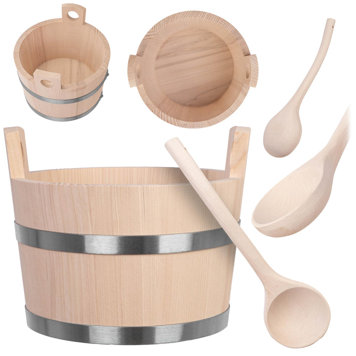KADAX Sauna Eimer 5L mit Kelle, Saunakübel & Saunakelle Set aus Naturholz, traditioneller Saunaeimer