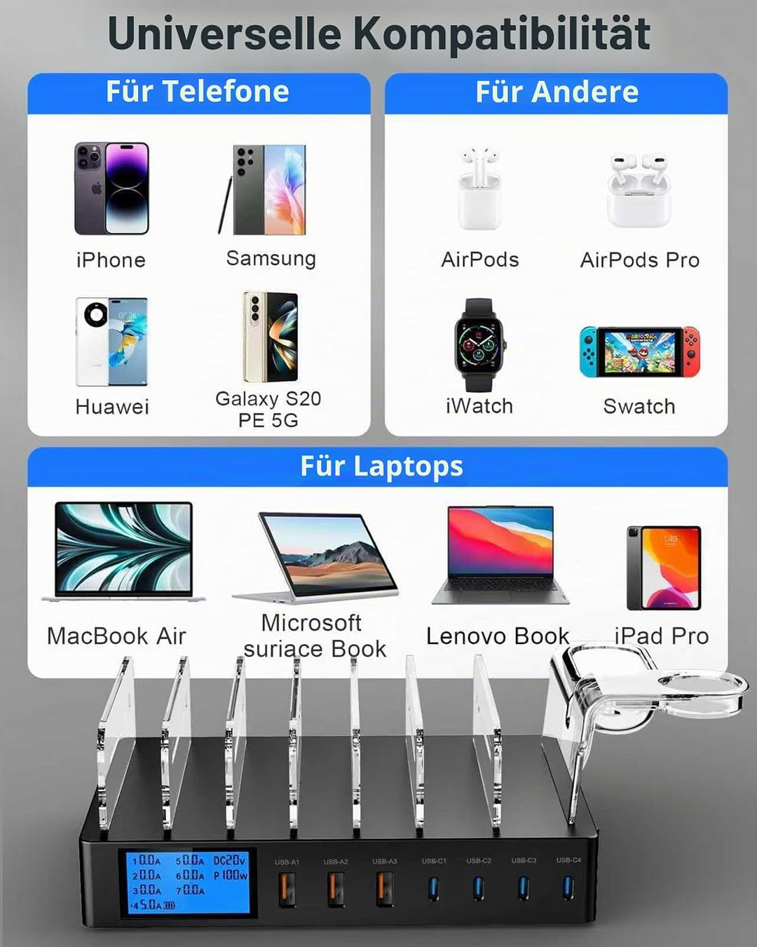 245W Ladestation für Mehrere Geräte, 7-Port USB Ladestation Handy Ladestation mit LCD-Anzeige mit 7