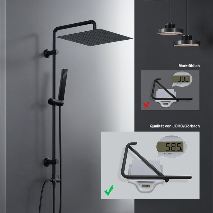 Görbach Regendusche Duschsystem ohne Armatur, Edelstahl Duschset mit 92cm Duschstange, Eckig XXL Übe