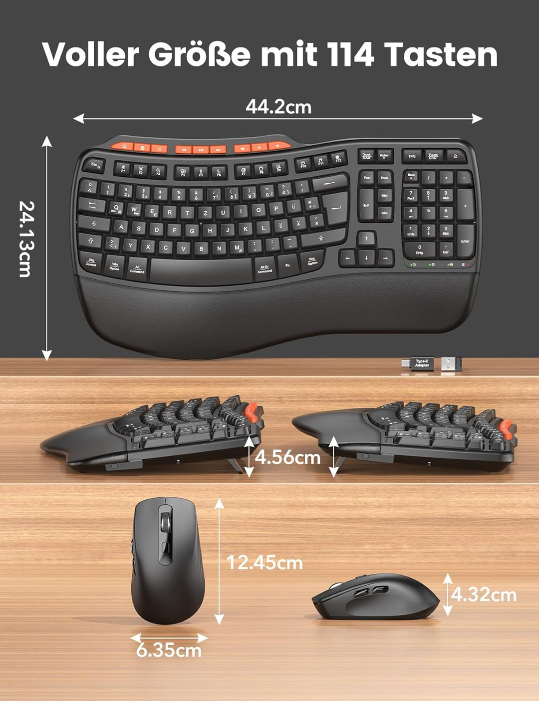 Tastatur Maus Set Kabellos, 2,4GHz Wave Tasten in Voller Grösse, Ergonomische Tastatur mit Gepolster