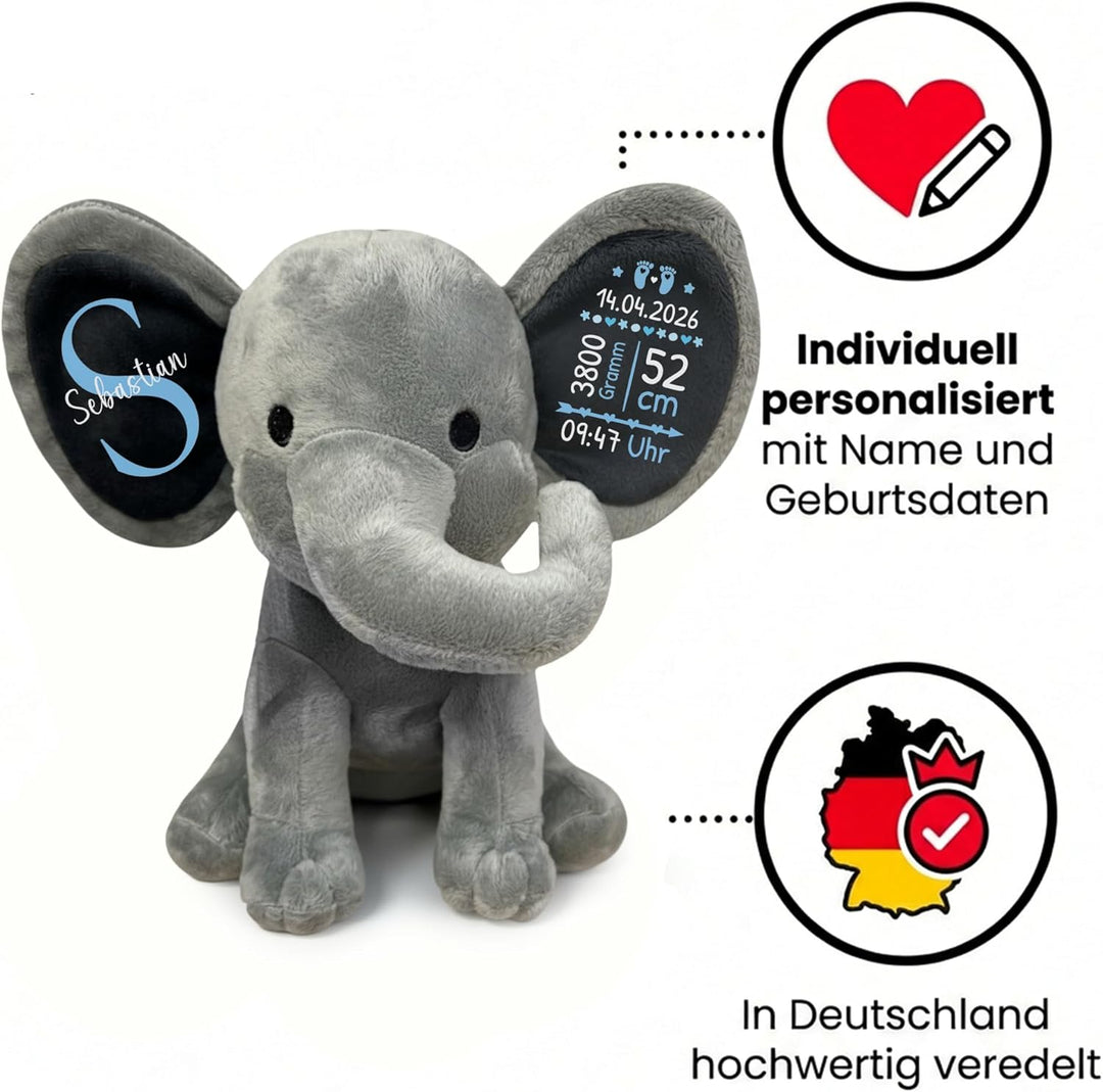 Plüschtier - Personalisiertes Babygeschenk zur Geburt Junge DEKO Elefant Kuscheltier mit Geburtsdate