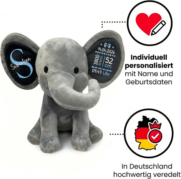 Plüschtier - Personalisiertes Babygeschenk zur Geburt Junge DEKO Elefant Kuscheltier mit Geburtsdate