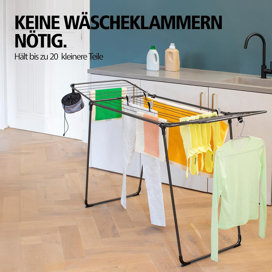 Brabantia HangOn Drying Rack, 22 m (Mattschwarz),Standtrockner mit Trockenfläche bis zu Zwei Waschla