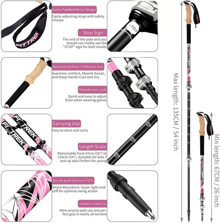 FitTrek Wanderstöcke Kork - Trekkingstöcke - Walking Stöcke Teleskop Verstellbar Leicht für Damen, H