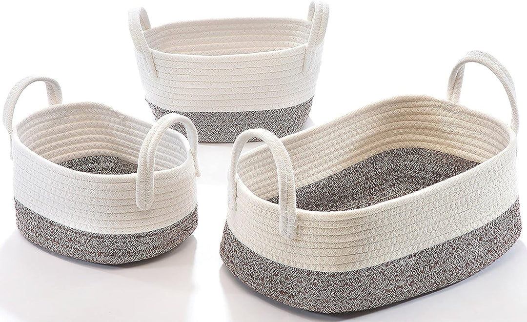 Kobolo Baumwollkorb Aufbewahrungskorb Baumwolle oval weiss beige mit Griffen 3 Grössen