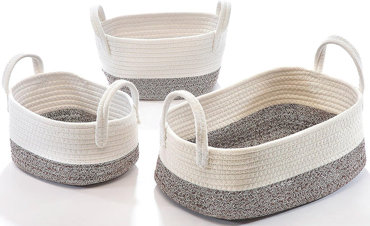 Kobolo Baumwollkorb Aufbewahrungskorb Baumwolle oval weiss beige mit Griffen 3 Grössen
