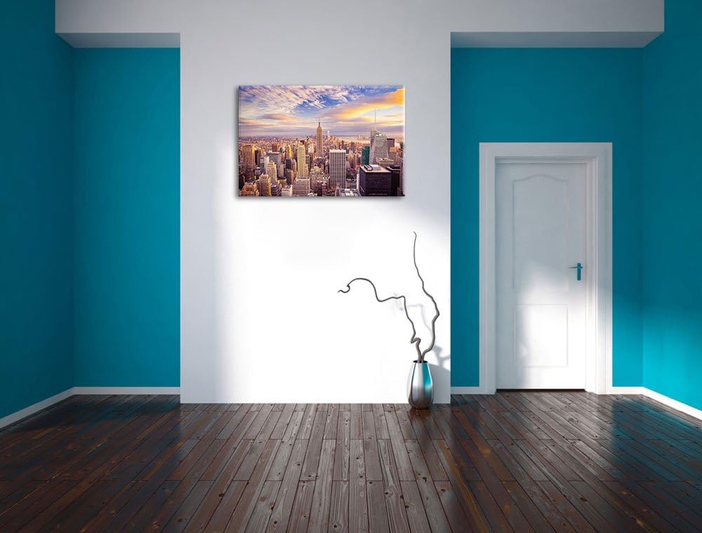 Skyline von New York bei Sonnenuntergang Format: 100x70 auf Leinwand, XXL riesige Bilder fertig gera