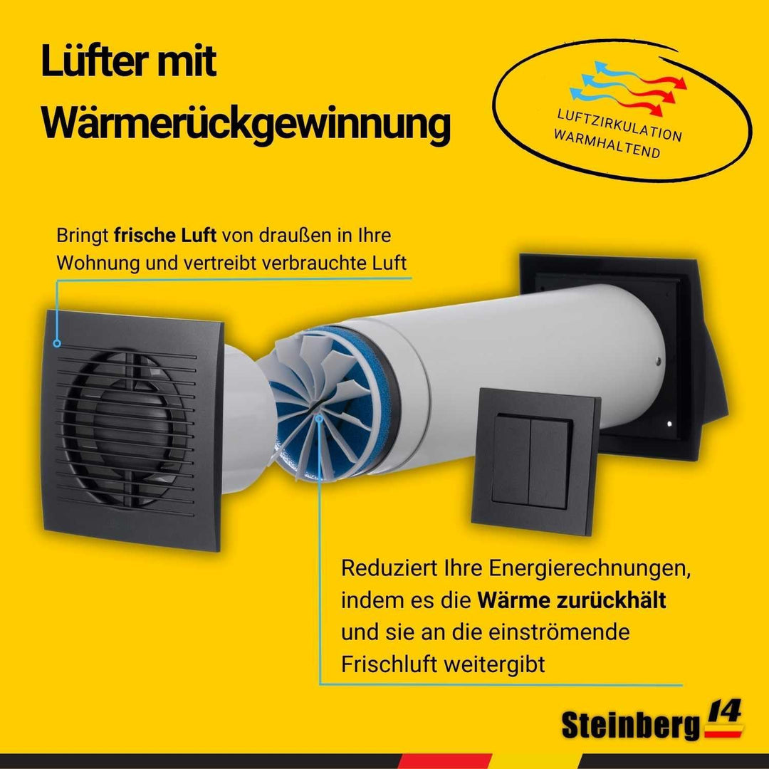 Steinberg14 Ø 100mm Dezentrale Einzelraumlüftungsanlage mit Wärmerückgewinnung 85% - mit Schalter, A