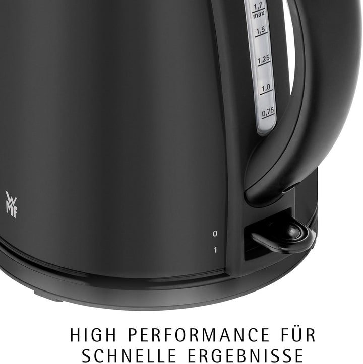 WMF Stelio Wasserkocher Edelstahl 1,7L, Elektrischer Wasserkocher mit Kalkfilter, 2400 W, Wasserstan