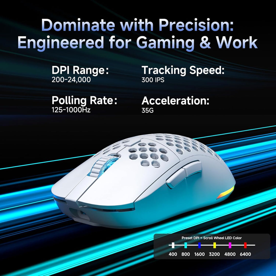 Dierya M1 Kabellose Gaming Maus, 24.000 DPI Optischer Sensor, 90g Leichtgewicht, 6 Programmierbare T