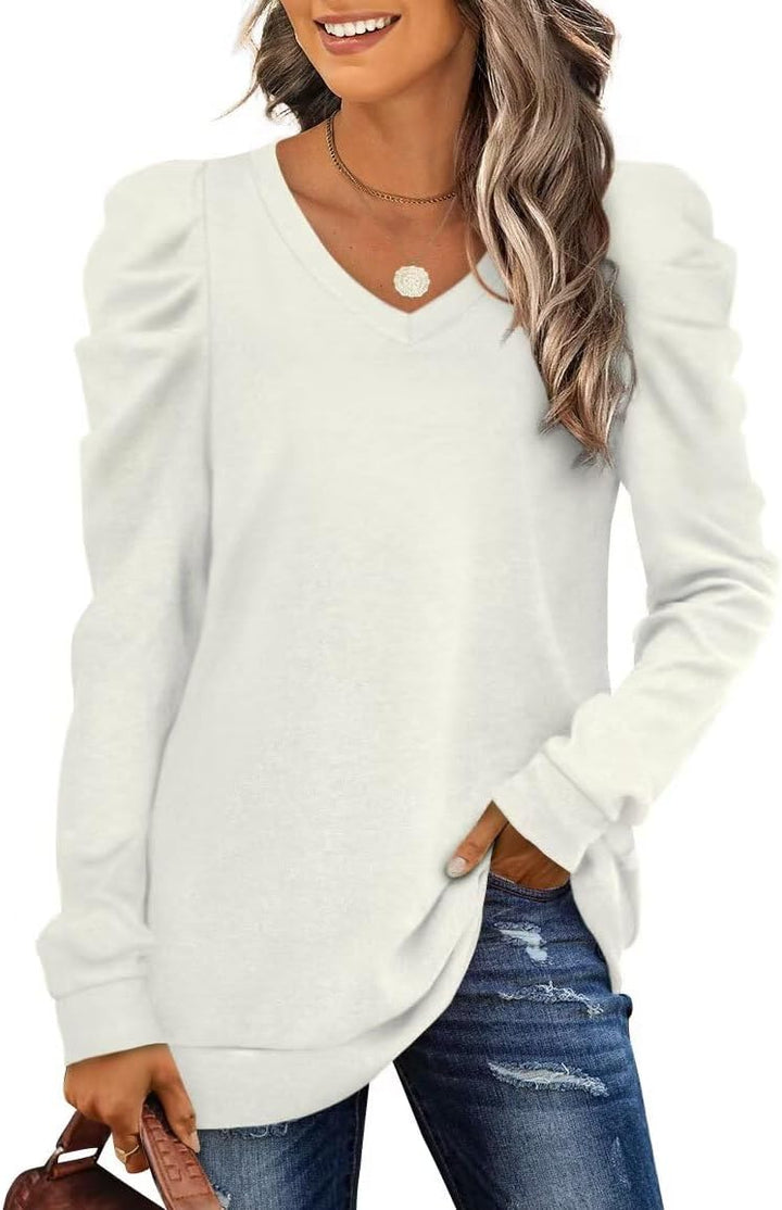 XIEERDUO Puffärmel Pullover Damen Herbst Sweatshirt Elegant V Ausschnitt Langarm Shirt Weiss S, Wei&