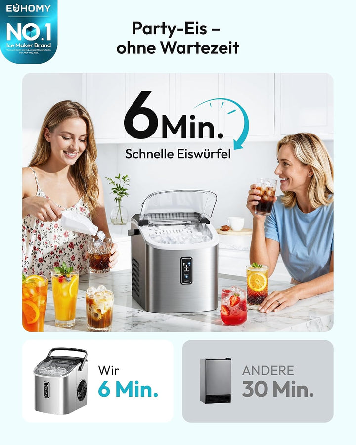 EUHOMY Eiswürfelmaschine Klein, 9 Würfel in 6 Minuten Bereit, 12 Kg/Day, Selbstreinigend, Tragbare E