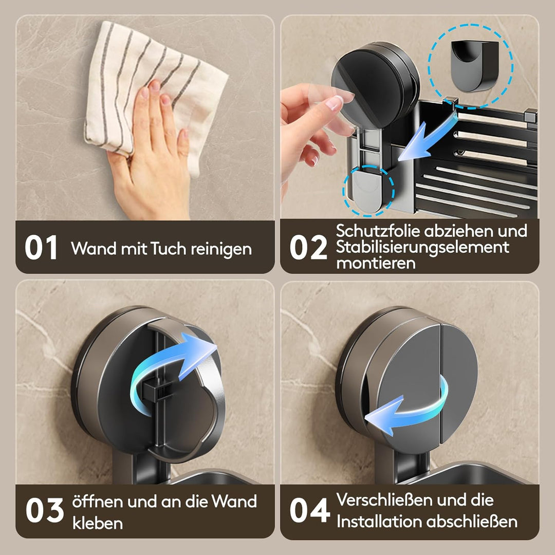 Saugnapf-Duschablage ohne Bohren | 4 Haken, 32 cm Länge, 10 kg Tragfähigkeit, 1-Minuten-Installation