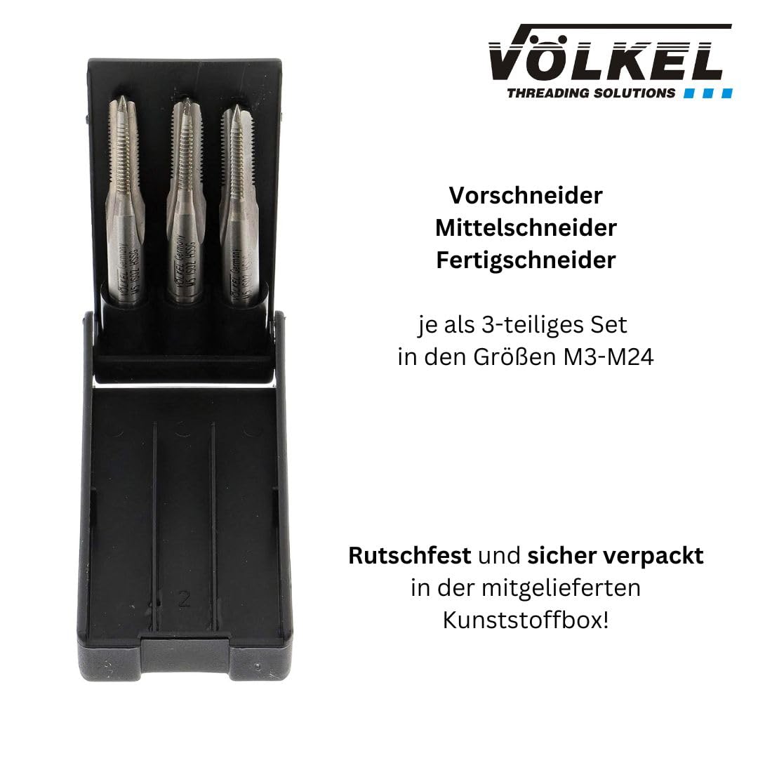VÖLKEL Handgewindebohrer 3-tlg. Satz DIN 352 HSS-G - M10 x 1.5 | Vorschneider, Mittelschneider & Fer