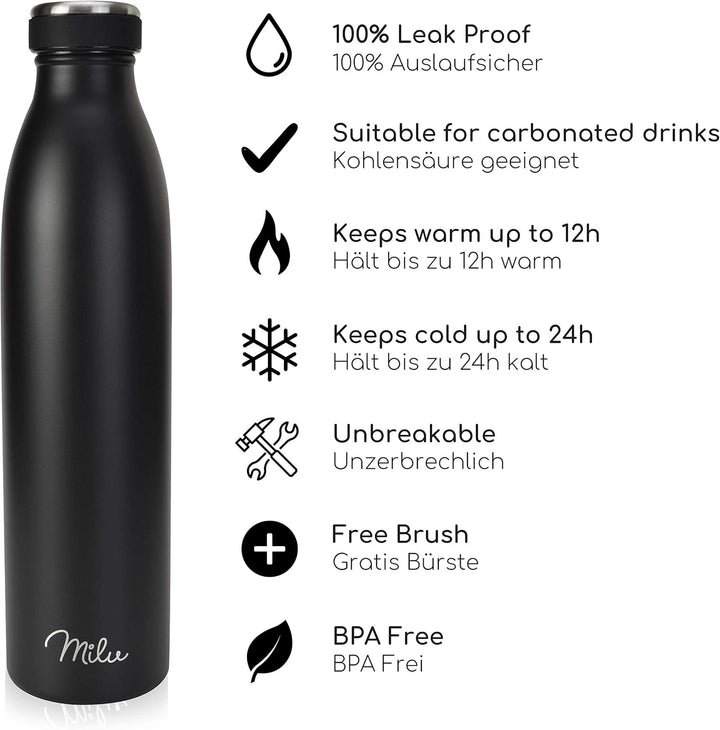 Milu Thermoflasche 350ml 500ml 750ml 1L 1,5L Isolierte Edelstahl Trinkflasche Thermoskanne Auslaufsi
