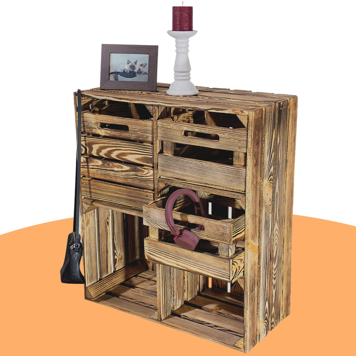 Grosses Vintage Holzregal mit fünf Fächern, Holzkiste neu, 68x35x77cm (Geflammt mit Schubladen)