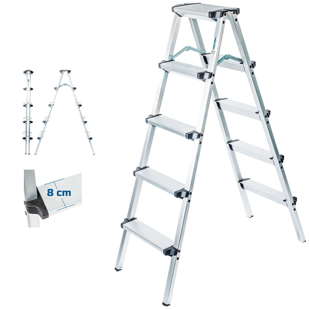 HOSTRÖM Trittleiter Klapptritt 5 Stufen HOMILIX, kleine klappbare Trittleiter, Aluminium, kompakt un