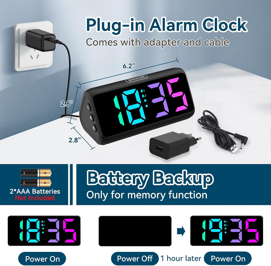 Lauter Wecker für Tiefschläfer, Wecker Digital mit Bunte Display, Doppelalarm, 5 Helligkeitsdimmer,