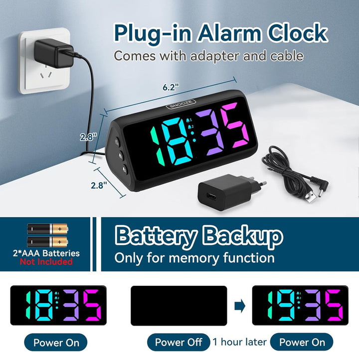 Lauter Wecker für Tiefschläfer, Wecker Digital mit Bunte Display, Doppelalarm, 5 Helligkeitsdimmer,