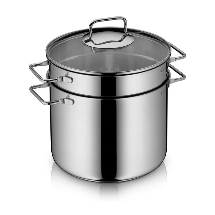 WMF Nudeltopf mit Sieb 24 cm Induktion, Kochtopf gross 7l, Spaghettitopf mit Glasdeckel, Cromargan E