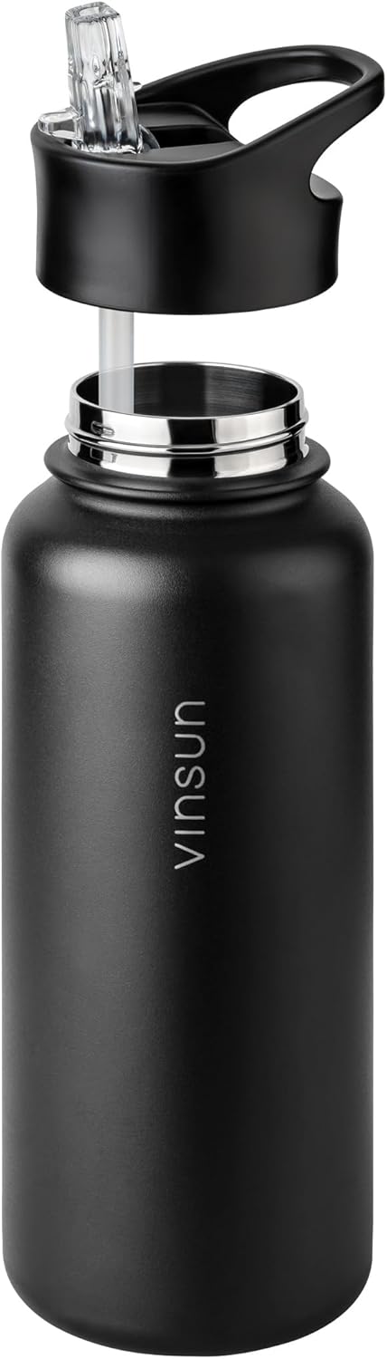 Vinsun Thermosflasche schwarz 1L - auslaufsicher, Kohlensäure geeignet, BPA frei - Strohhalm, Trinkö