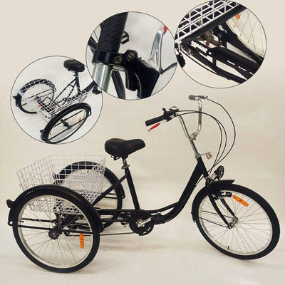 OU BEST CHOOSE 24" 3 Rad Dreirad für Erwachsene mit Lampe 6 Gang Fahrrad, Einkaufskorb Trike Dreirad