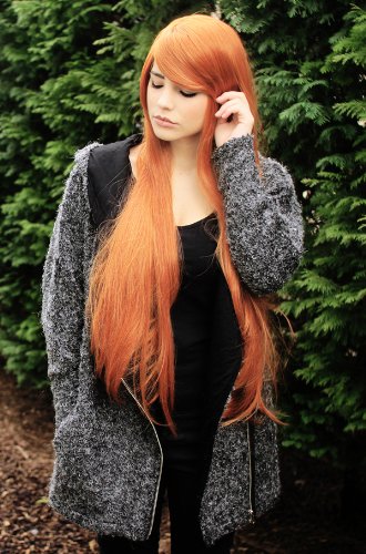 Prettyland Damen voluminös Langhaar-Perücke lange Glatte Wig für halloween Manga in Kupfer-rot Rot-O