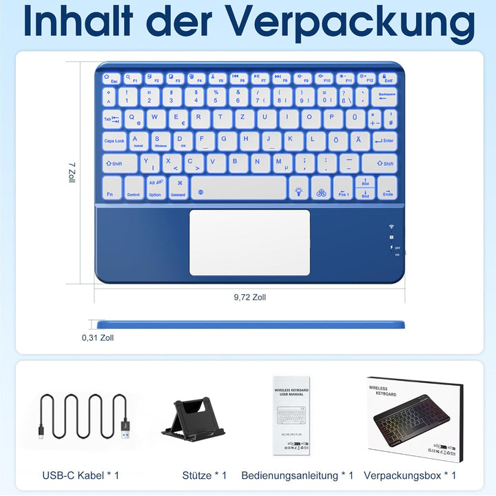 Vobafe Bluetooth Tastatur mit Touchpad, Kabellose 7-farbiges Backlight QWERTZ Tablet Keyboard, Trale