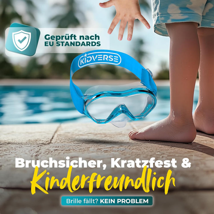 KIDVERSE Taucherbrille Kinder mit Nase - CE & Dermatest geprüfte Kinder Taucherbrille mit Stoffband