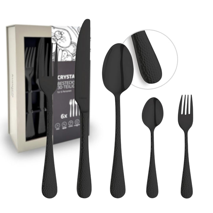 Kuppels Besteck-Set 30-tlg, schwarz, Hammerschlag-Design, 18/0 | Edelstahl-Besteckset für 6 Personen