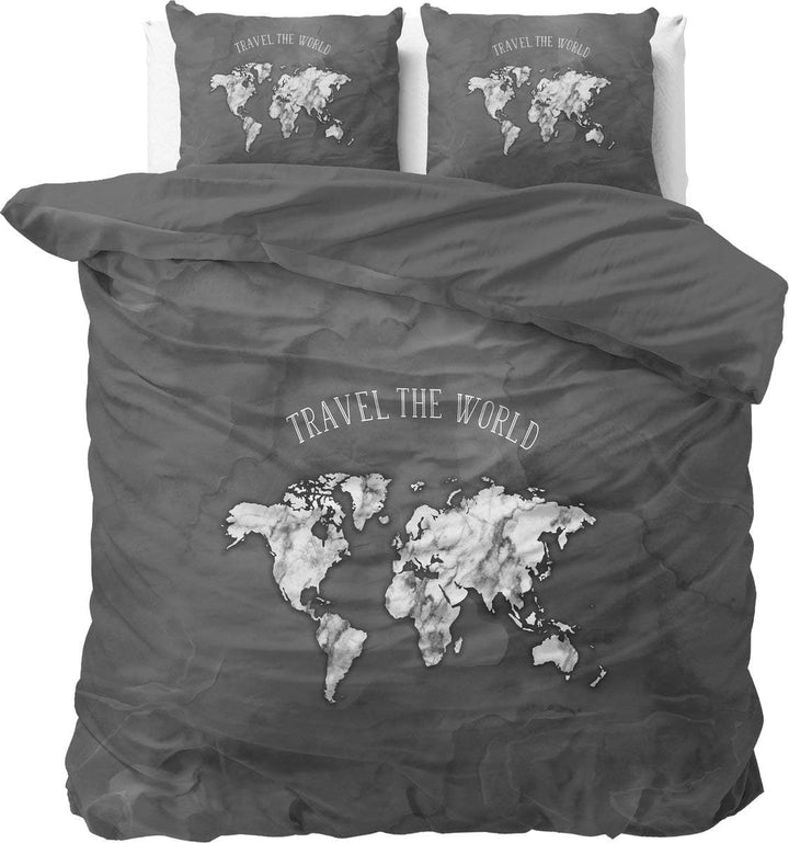 Sleep TIME Bettwäsche 100% Baumwolle, Grau, Weltkarte, 200cm x 220cm, Mit 2 Kissenbezüge 60cm x 70cm