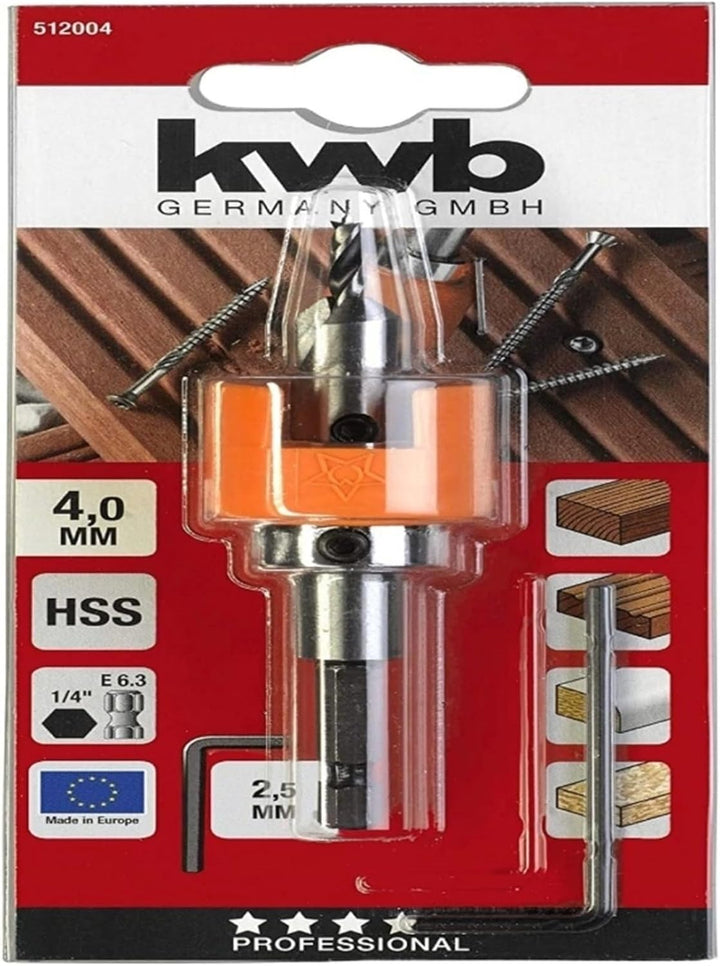 kwb Hartholzbohrer Ø 5 mm aus HSS-M2 mit Senker, verstellbarem Tiefenstopp - Hohe Standzeit und präz