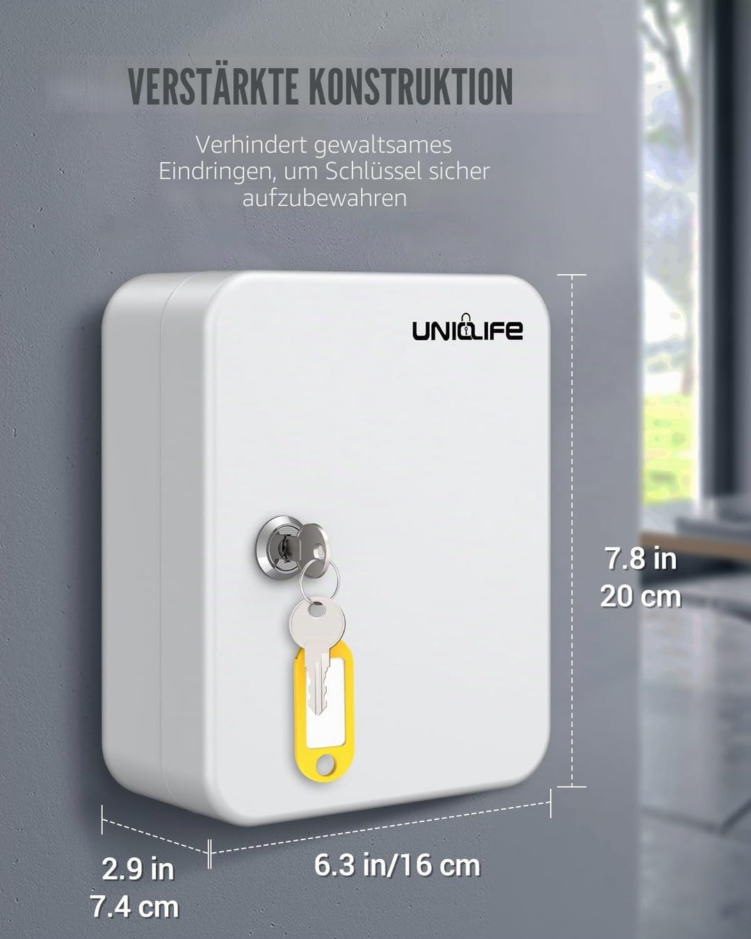 Uniclife Schlüsselschrank mit 20 Positionen, mit Schlüsselschloss, Wandmontage, weiss, Sicherheits-A