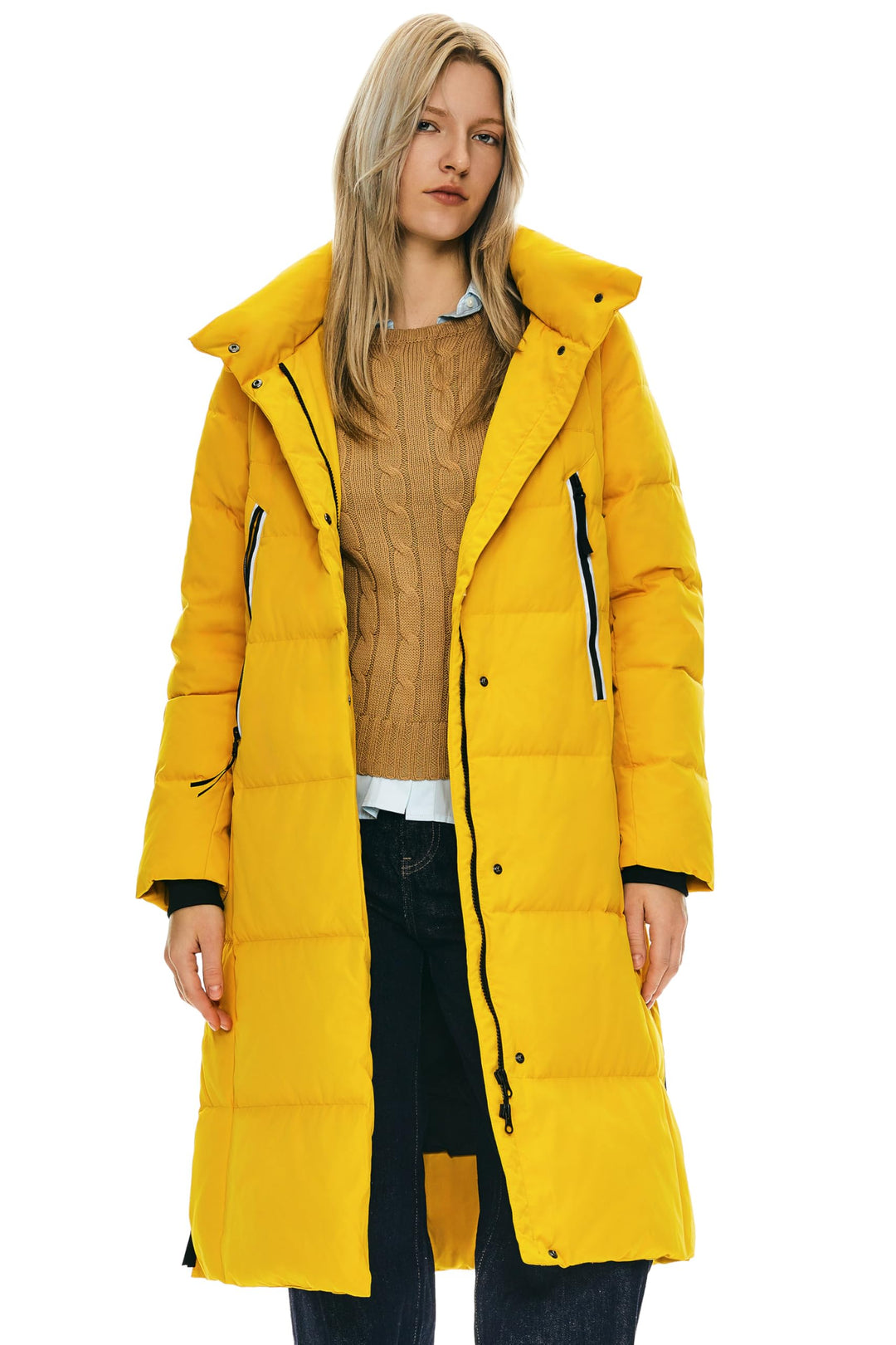 Orolay Damen Verdickte Daunenjacke Langer Wintermantel Mit Kapuze Pufferjacke Gelb M, Gelb M