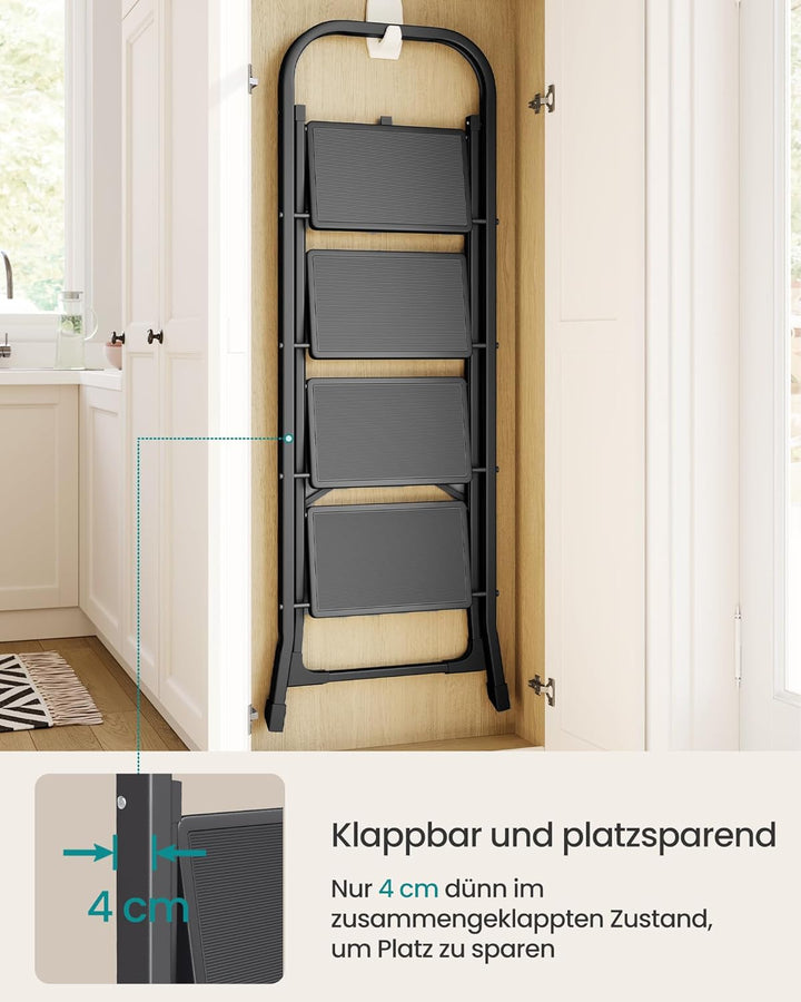 SONGMICS Trittleiter, Leiter mit 4 Stufen, Klapptritt, Klappsicherung, einfach zu verstauen, bis 150