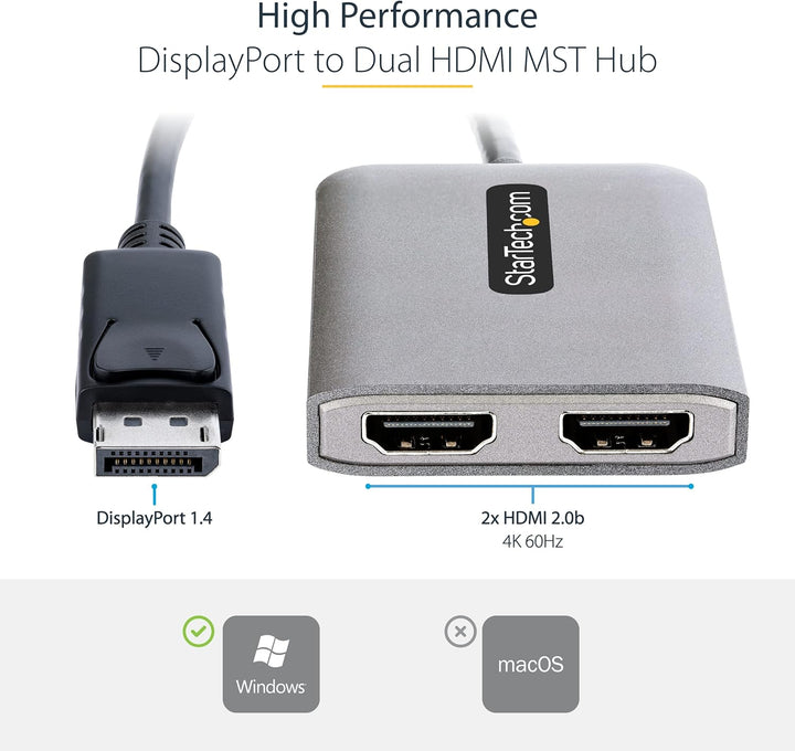 StarTech.com Displayport MST Hub auf Dual HDMI 4K 60Hz - DP 1.4 Multi Monitor Adapter/Multi Stream T
