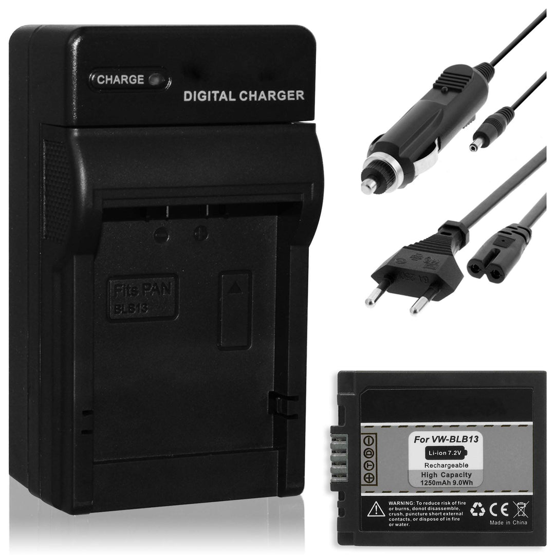 Ersatz-Akku + Ladegerät (KFZ, Netz) kompatibel mit Panasonic DMW-BLB13, BLB13E für Lumix DMC-G1, G2,