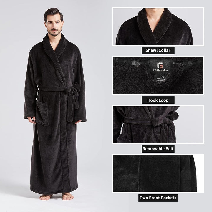 FashGudim Herren Bademäntel gross und gross in voller Länge Plüsch Fleece lange Robe Schal Kragen wa